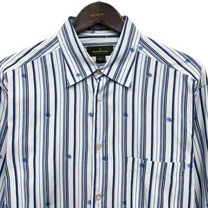 Ermenegildo Zegna Men's Sz L Button Front Blue/White Striped Floral Cotton Shirt